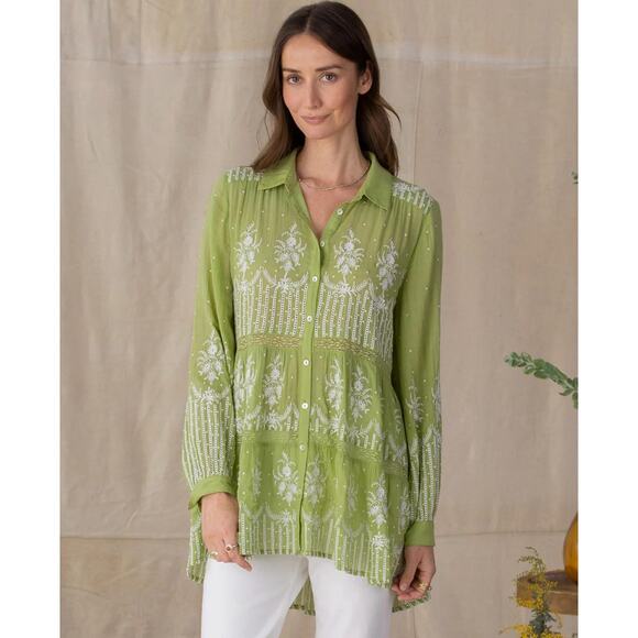 NWT SUNDANCE Royal Riviera Tunic Fern Green White Embroidered Top Small - Picture 1 of 6